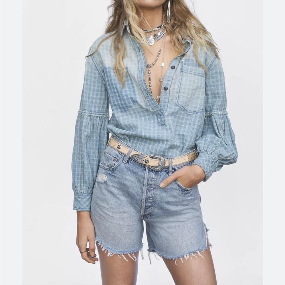 We The Free People Glacier Bay Printed Shirt Checked Distressed Tunic Small Ntw